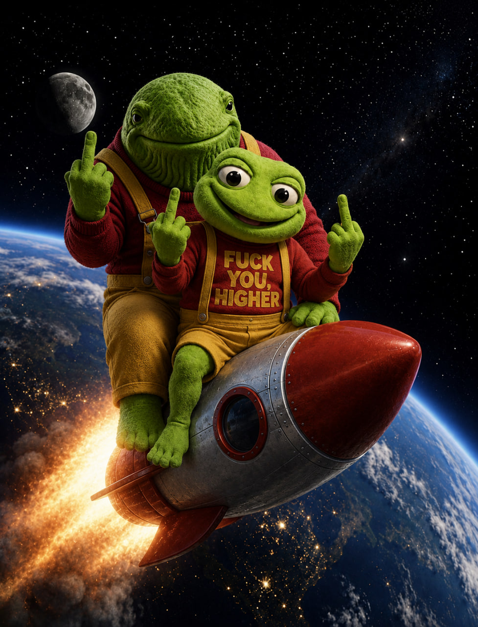 The Toad Whale and the toad riding a rocket above Earth