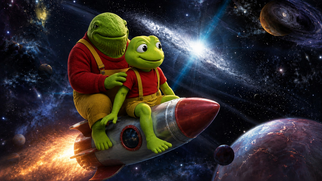 The Toad Whale and the toad flying a rocket through a galaxy