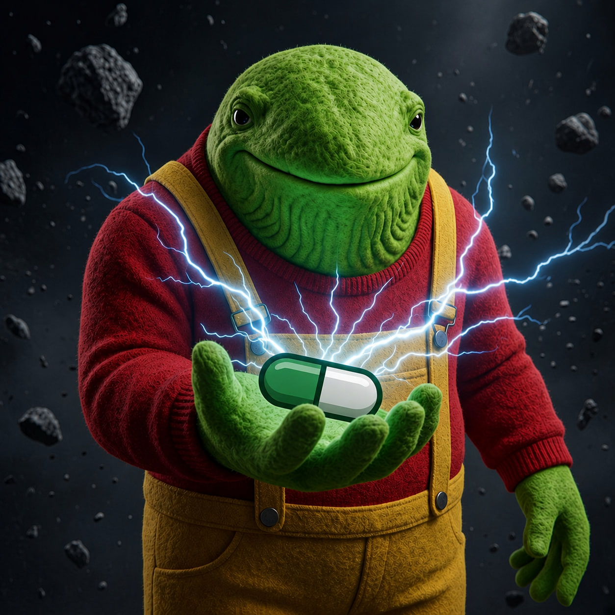 The Toad Whale holding the green pill in deep space