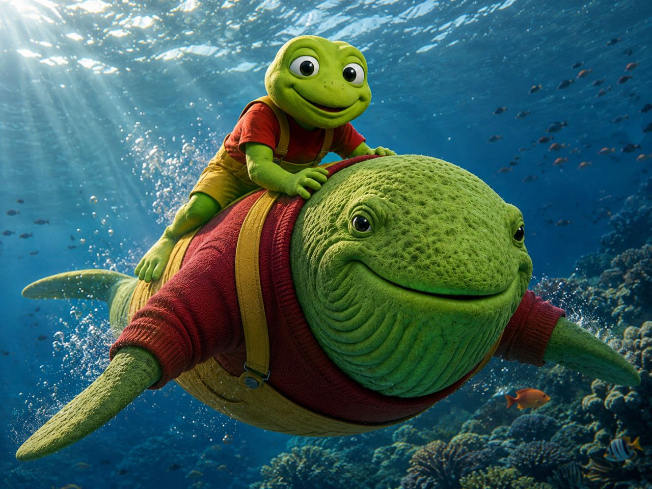 The little toad riding the Toad Whale through a coral reef