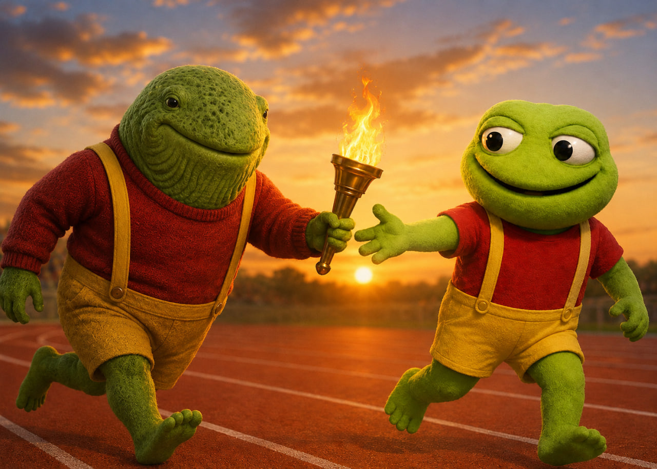 The Toad Whale passing a flaming torch to the little toad